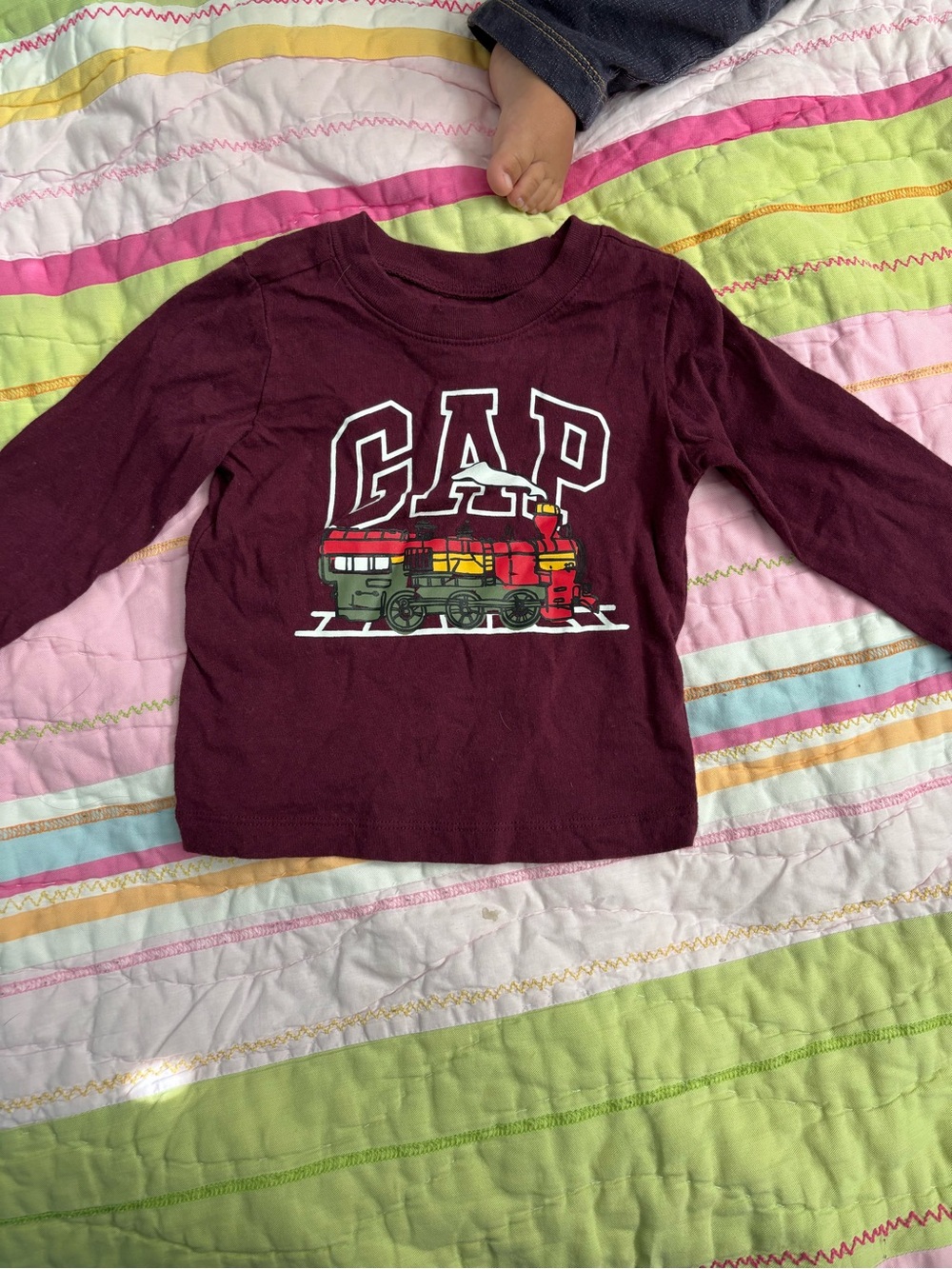 GAP Burgundy Long-Sleeve Tee with Train Graphic